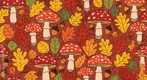 Vibrant Autumnal Pattern Featuring Fly Agaric Mushrooms and Colorful Fall Leaves.