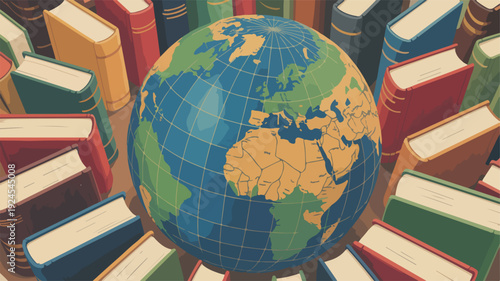 Globe surrounded by colorful books symbolizing global knowledge and education with a focus on learning and literature