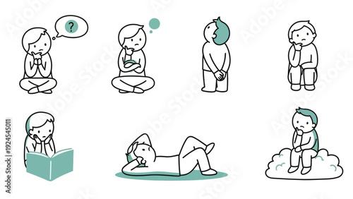Set of six cartoon characters in various poses depicting thinking and contemplation.