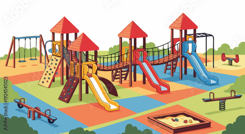 Vibrant outdoor playground with slides swings and climbing structures for children.
