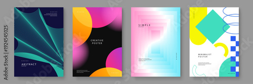 A versatile set of four abstract posters including mesh lines bokeh circles glassmorphism and memphis geometric styles