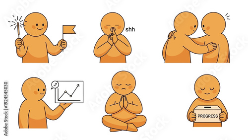 Set of six cartoon illustrations depicting various human emotions and actions.