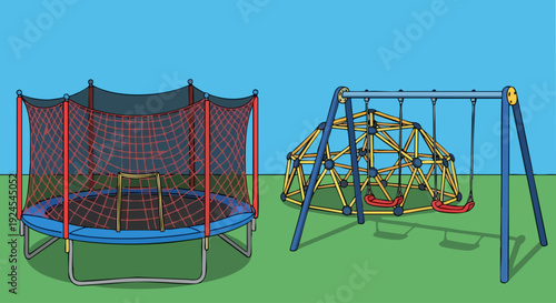 Trampoline and Swing Set for Outdoor Fun and Recreation.