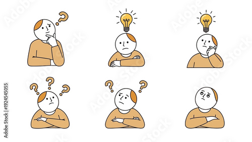Set of six hand-drawn illustrations depicting people thinking and having ideas.