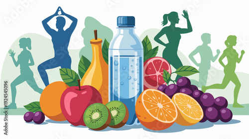 Healthy lifestyle with fruit and water bottle people exercising in background vibrant colors fitness and nutrition concept