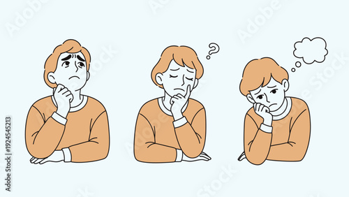 Set of three men thinking, contemplating, and feeling sad.