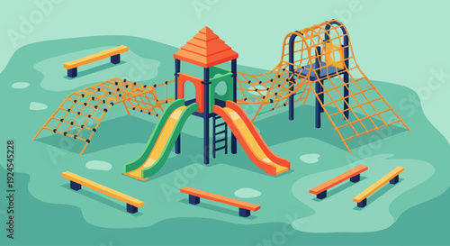 Colorful outdoor childrens playground with slides and climbing nets.