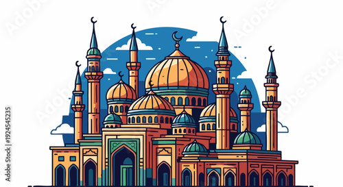 Colorful Stylized Mosque Illustration Islamic Architecture Religious Building.