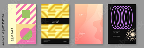Set of four diverse contemporary posters ranging from gold metallic textures to neon geometric patterns for versatile design needs