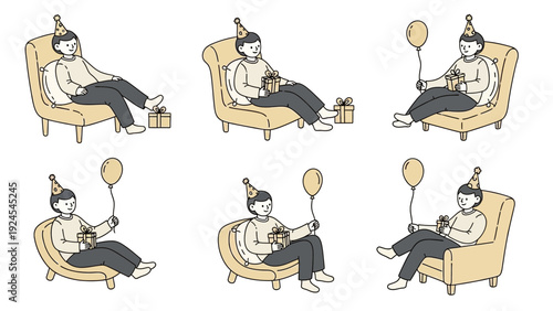 Six illustrations of people celebrating birthdays while sitting on chairs with gifts and balloons.