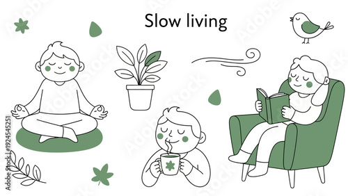 Slow living concept with people enjoying peaceful activities.