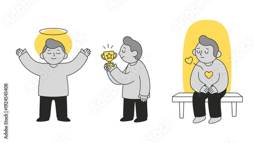 Three men showing different emotions and achievements in life.