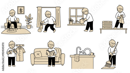 Various illustrations of a person performing different household chores and daily activities.