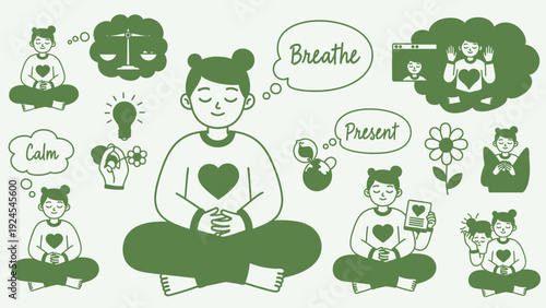 Woman Meditating Peaceful Mindful Calm Present Breathing Yoga.