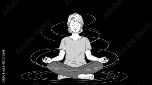 Woman meditating in lotus pose with swirling energy around her.