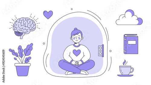 Woman meditating peacefully in a calm and serene environment surrounded by symbols of well-being.
