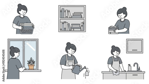 Woman performing various household chores and activities at home.
