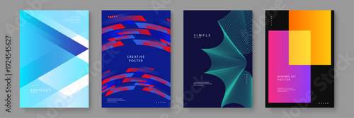 Set of four high energy posters featuring blue triangles red motion streaks teal wireframes and overlapping vibrant squares
