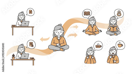 Woman practicing mindfulness and meditation in various settings.