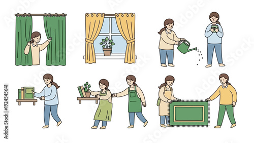 Woman performing various household chores and gardening tasks.