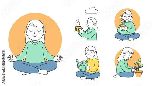 Woman practicing mindfulness and self care activities.
