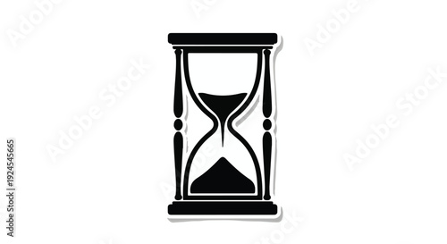 Black hourglass timer symbol with white background, sand flowing down, time passing concept, modern minimalist design element