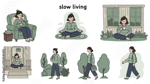 Woman practicing slow living activities in various settings.