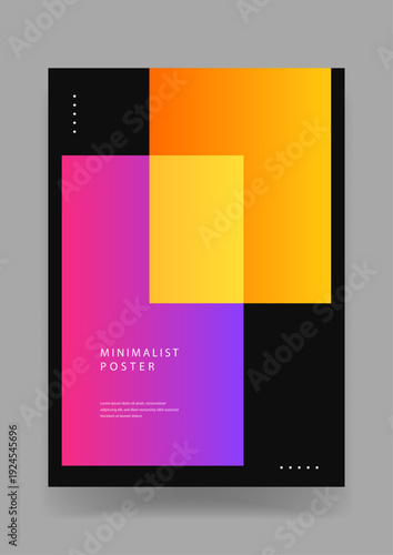 Bold geometric poster featuring translucent overlapping squares in hot pink orange and yellow neon colors on a black frame