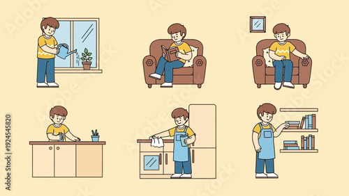 Young man doing various household chores and activities.