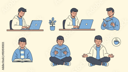 Young man engaged in various activities including working on laptop, reading, and meditating.