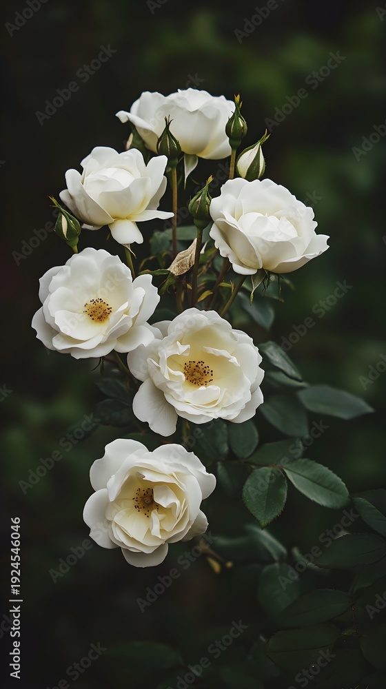 Fototapeta premium Cluster of white roses blooming in dark moody garden