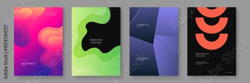 Premium set of four posters showcasing various abstract styles from liquid fluid shapes to sharp geometric polygons and minimalism