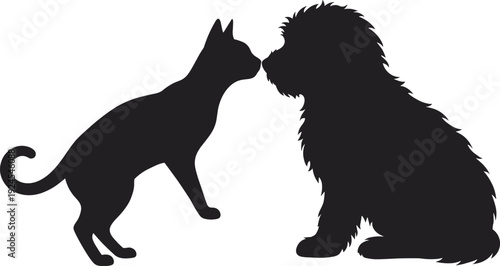 Cat and dog silhouette illustration showing affectionate pets touching noses, black and white vector design isolated on white for pet care, animal 