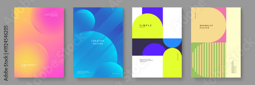 A comprehensive set of four modern abstract posters featuring vibrant gradients and geometric shapes for creative design projects