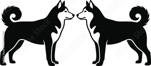 Two facing dogs silhouette illustration in black and white, symmetrical canine design symbolizing friendship, loyalty, companionship, balance, pet relationship, animal love, and minimalist vector art