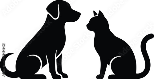 Dog and cat silhouette illustration showing friendly pet animals sitting and facing each other, isolated on white background, domestic companionship, veterinary, friendship and animal care concept