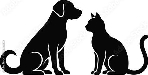 Dog and cat silhouette illustration showing domestic pets sitting face to face, isolated on white background, symbolizing friendship, companionship, animal care, veterinary and pet love concept