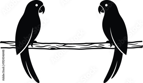 Two parrot silhouettes perched on tree branch, isolated on white background, representing tropical birds, wildlife symmetry, nature illustration, exotic pets, minimal animal design concept