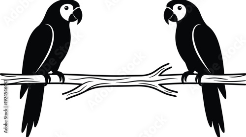 Two parrot silhouettes sitting on tree branch, isolated on white background, symbolizing tropical wildlife, exotic birds, symmetry, nature illustration, minimal animal art design