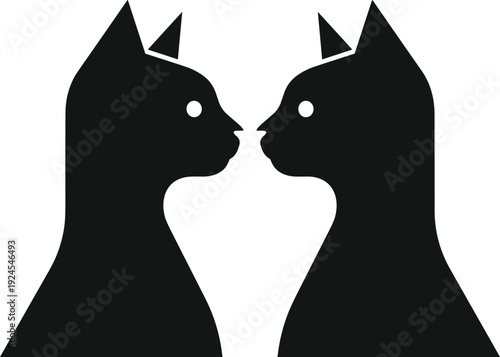 Two cat silhouettes facing each other, isolated on white background, symbolizing love, symmetry, companionship, minimal pet illustration, romantic animal concept, modern flat design art