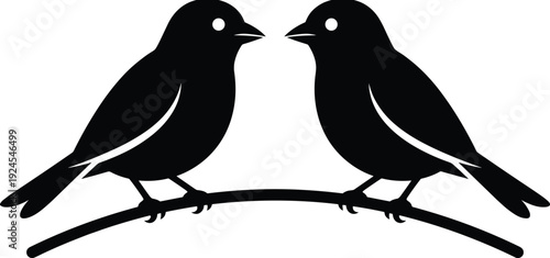 Two bird silhouettes facing each other on curved branch, isolated on white background, symbolizing love, symmetry, wildlife connection, minimal nature illustration, animal design art