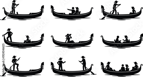Gondola silhouette collection with gondolier and passengers in various poses, isolated on white background, Venice travel concept, romantic boat ride, tourism and transportation illustration set
