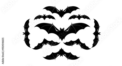 Multiple bats flying together in a symmetrical pattern around a central bat