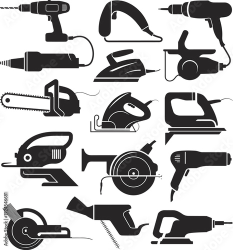 Power tool silhouette collection featuring drills, saws, iron and grinder, isolated on white background, construction equipment, woodworking, DIY repair, industrial workshop illustration set