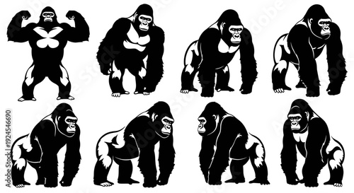 Eight black silhouettes of gorillas in various poses and actions on a white background, showcasing strength and agility