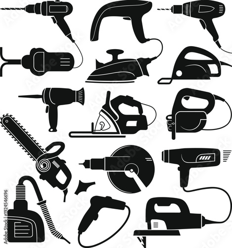 Set of power tool silhouettes including drills, saws, grinder and vacuum cleaner, isolated on white background, construction equipment, woodworking, DIY, repair and industrial concept