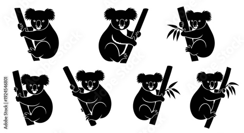 Collection of koalas playing musical instruments in various poses on a clean white background