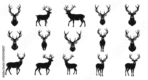 Collection of deer silhouettes in various poses and antler configurations displayed against a clean background