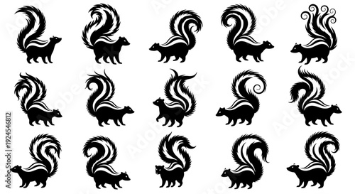 Collection of stylized squirrel illustrations in various poses and orientations, showcasing dynamic movement and artistic flair