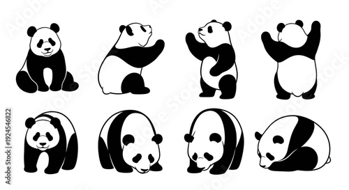 Collection of panda illustrations in various poses and facial expressions showcased in a grid layout